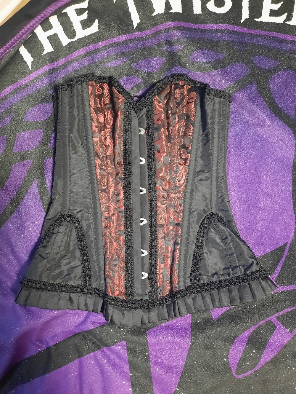 Black and Burgundy Brocade Overbust Corset Top
